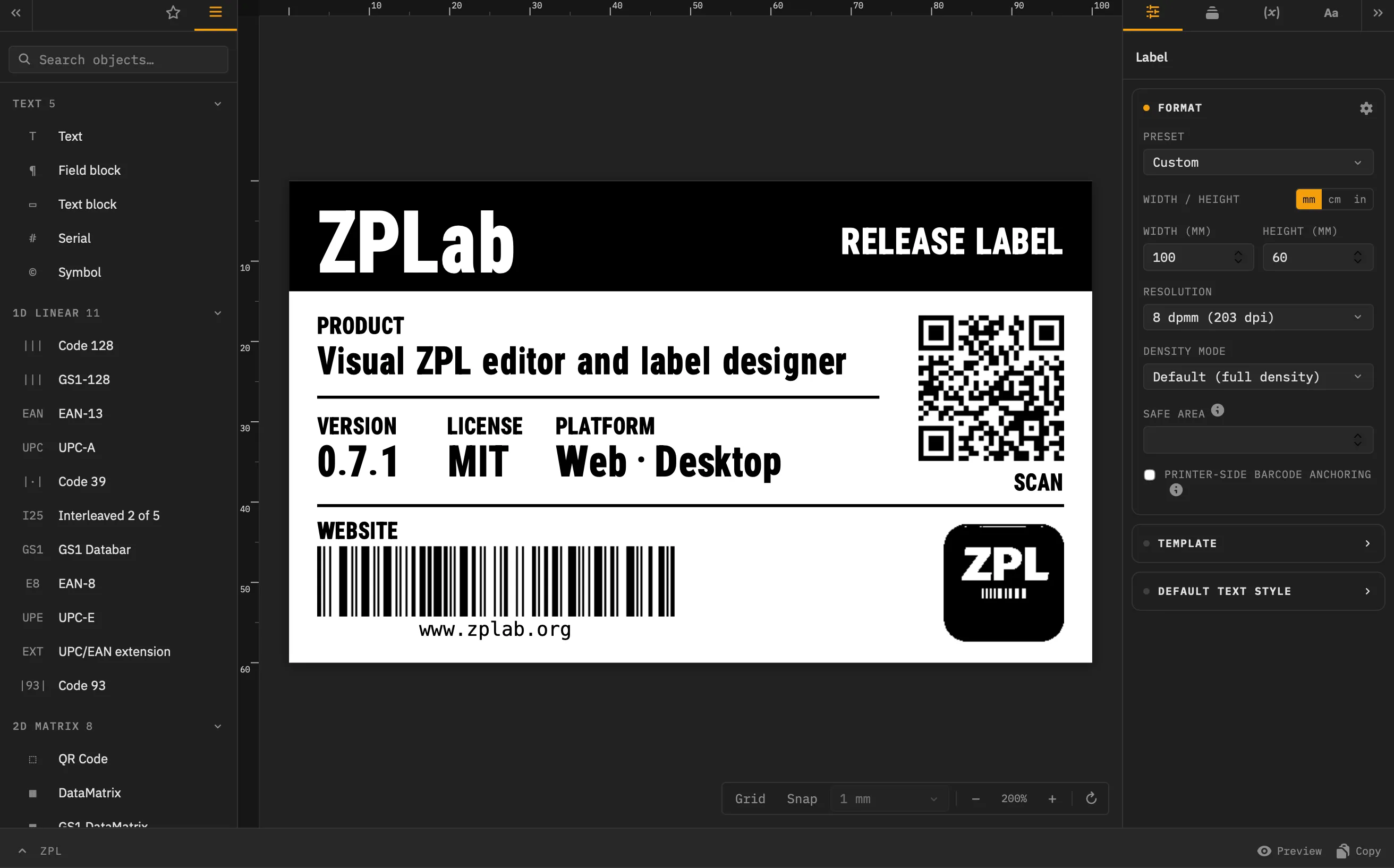 ZPLab: a release label on the canvas, the object catalog on the left and the label format panel on the right