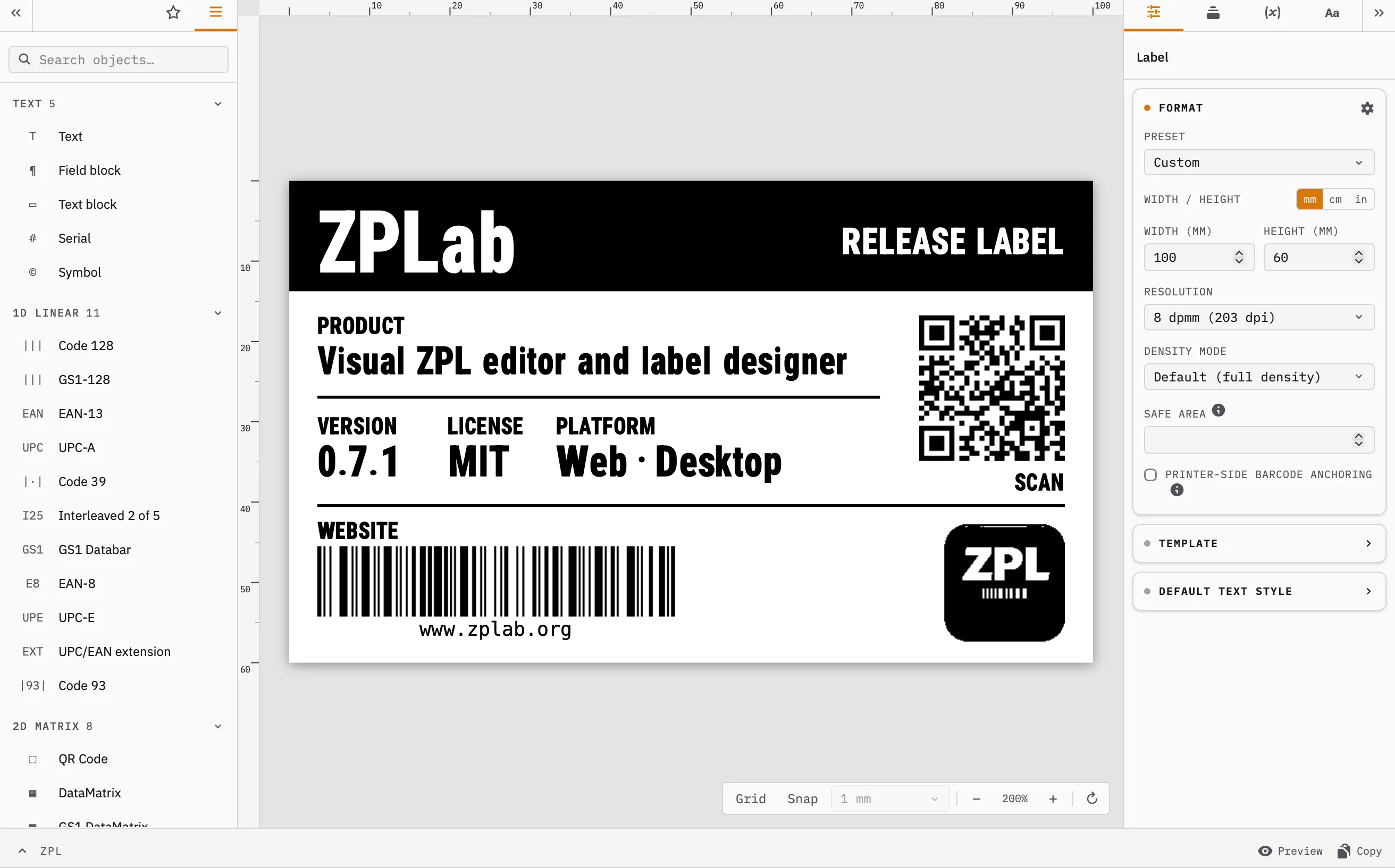ZPLab: a release label on the canvas, the object catalog on the left and the label format panel on the right